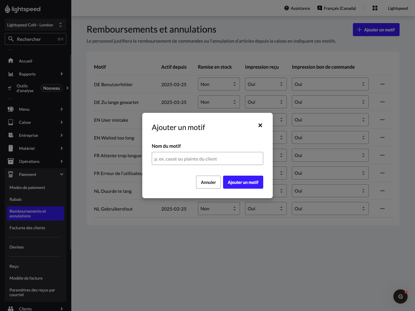 Image montrant la page Remboursements et annulations dans l’arrière-boutique Lightspeed. Une fenêtre contextuelle s’affiche, avec un champ permettant de saisir le nom du nouveau code de remboursement.