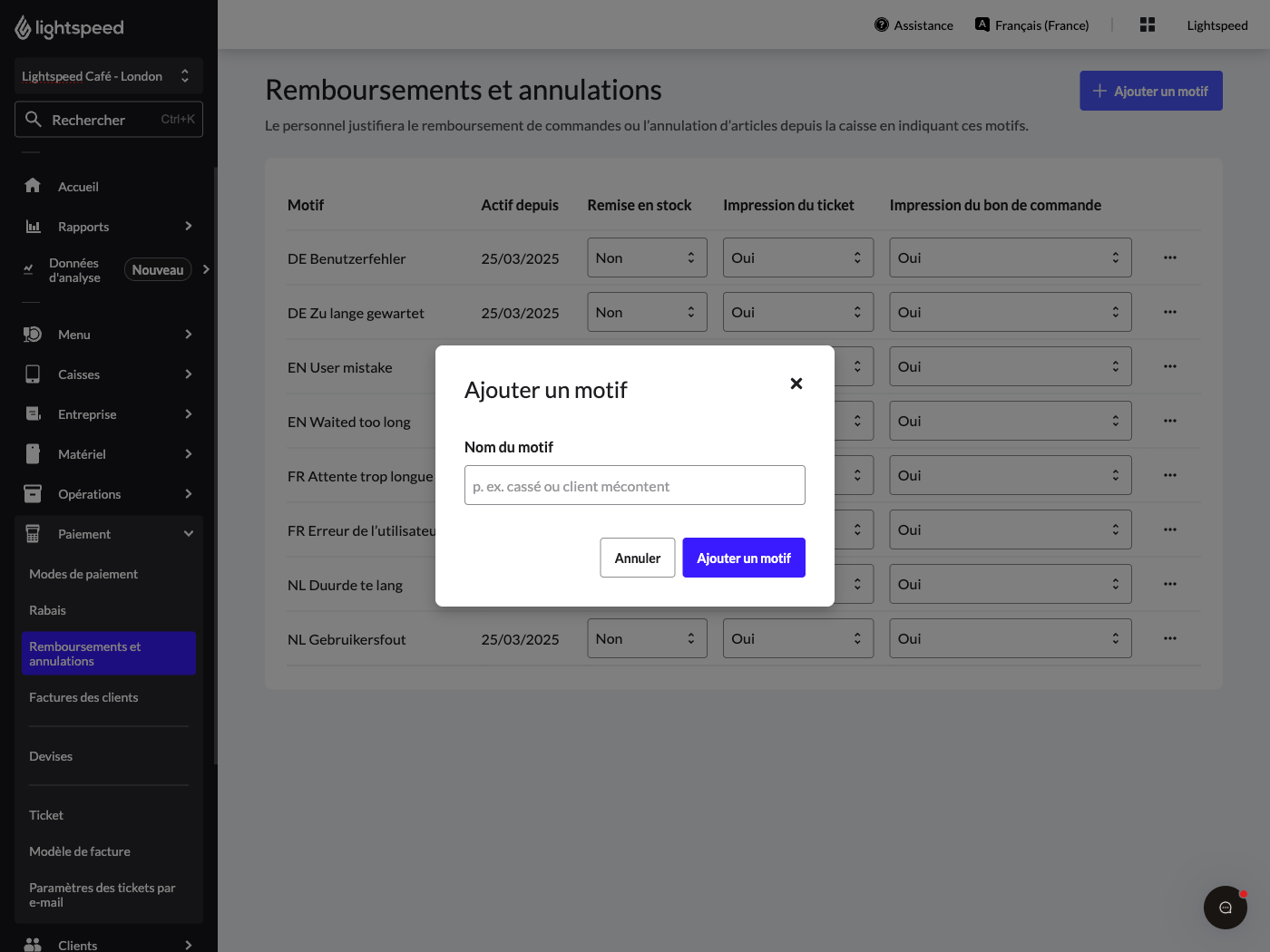 Image montrant la page Remboursements et annulations dans le back-office de Lightspeed. Une fenêtre contextuelle s’affiche, avec un champ permettant de saisir le nom du nouveau code de remboursement.