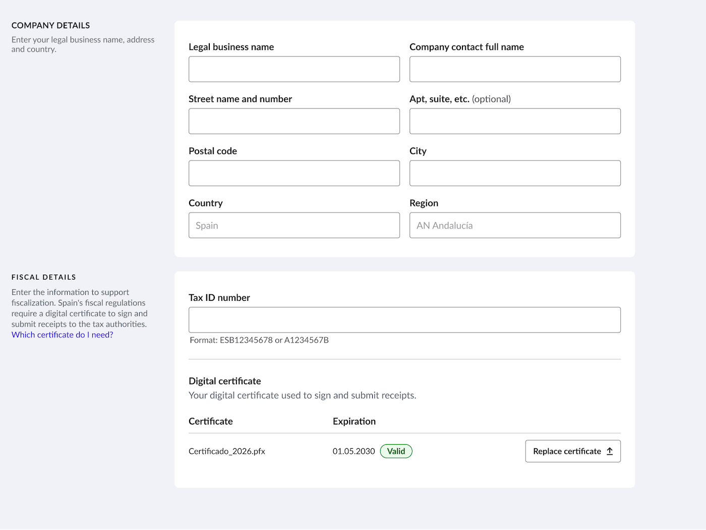 The Business settings page of Lightspeed Restaurant, showing the status of the current certificate is visible.