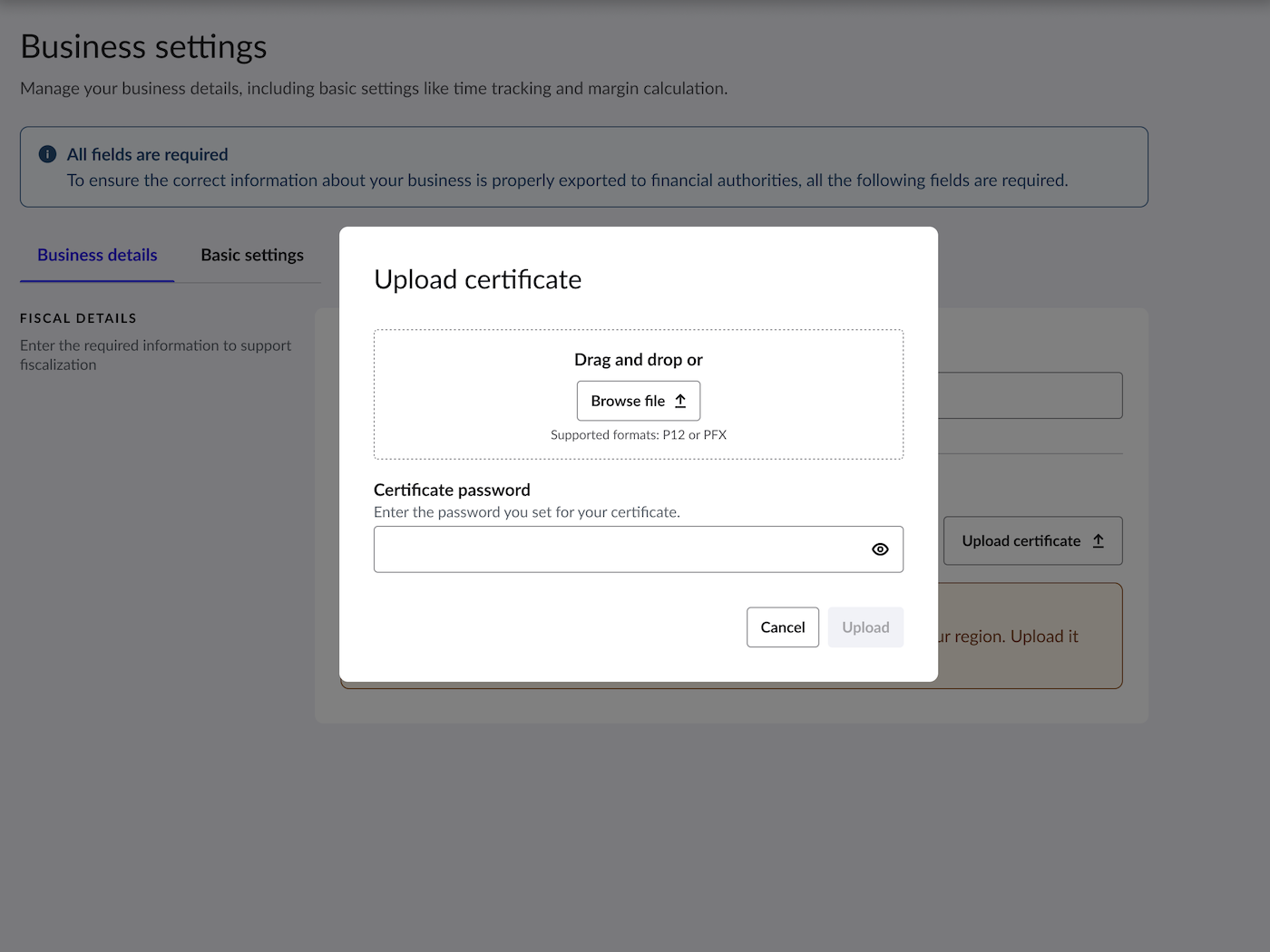 The Business settings page of Lightspeed Restaurant. The Upload certificate pop-up has been highlighted.