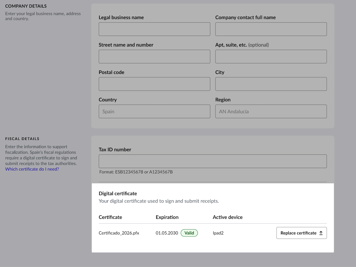 The Business settings page of Lightspeed Restaurant, showing the status of the current certificate is visible.
