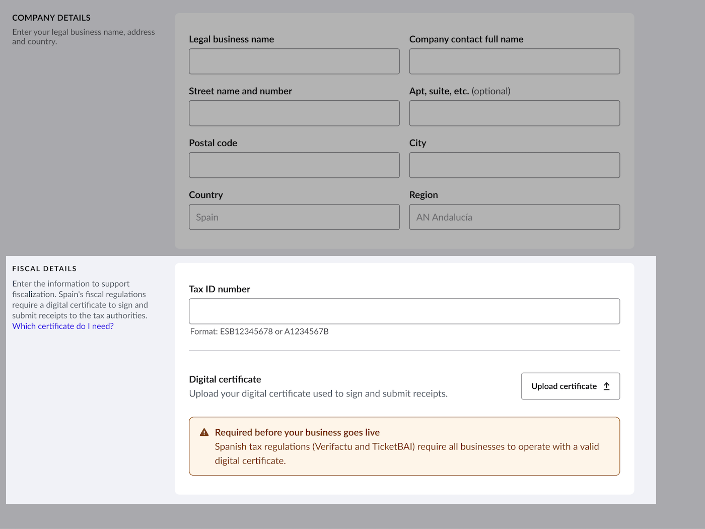 The Business settings page of Lightspeed Restaurant. The Fiscal details section has been highlighted.