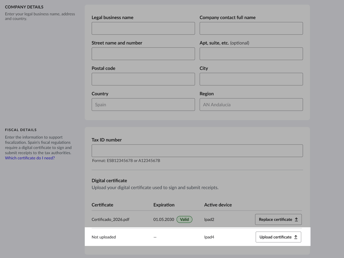 The Business settings page of Lightspeed Restaurant. The Fiscal details section has been highlighted, showing a device with no certificate currently attached.