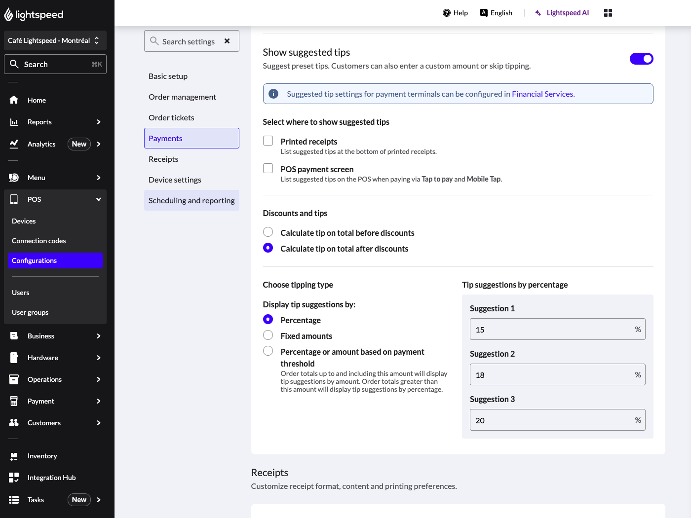 De pagina met configuratie-instellingen en voorgestelde fooibedragen ingeschakeld.
