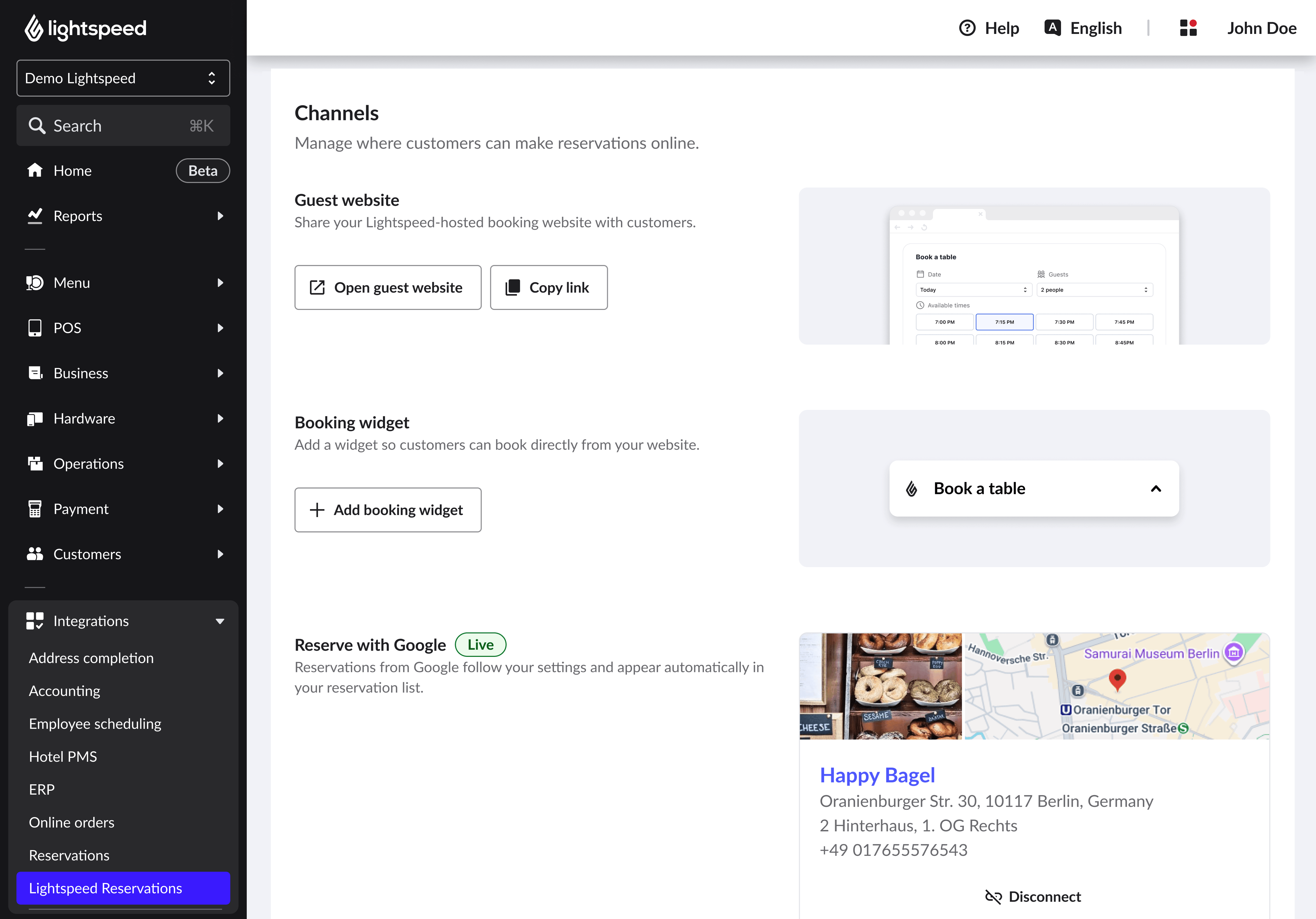 Page des paramètres de Lightspeed Reservations, où le statut 'En temps réel' est affiché à côté de 'Réserver avec Google'.