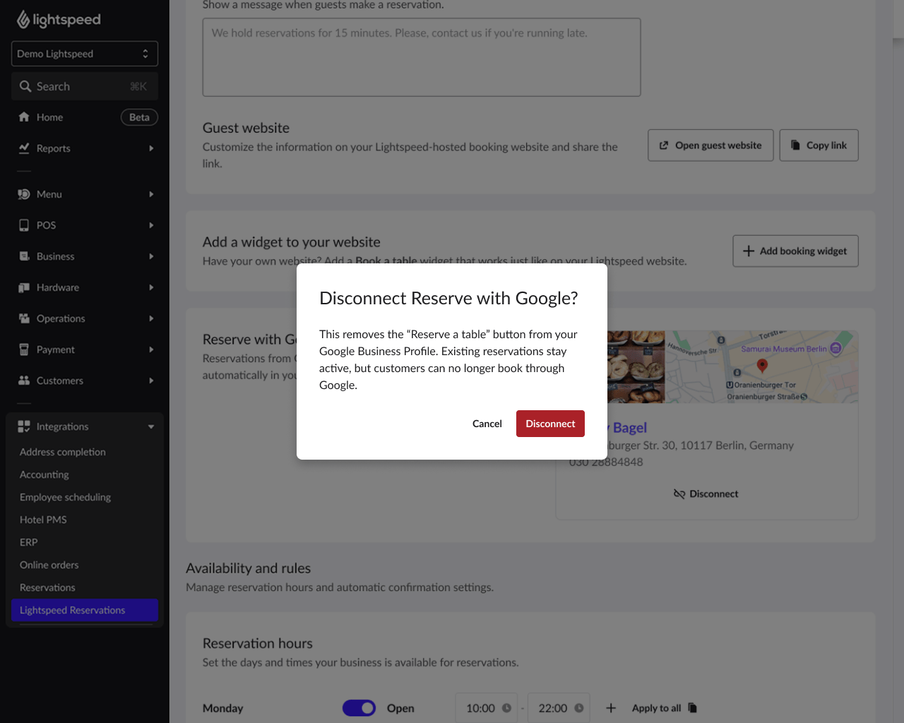 Fenêtre contextuelle de confirmation pour déconnecter Réserver avec Google.