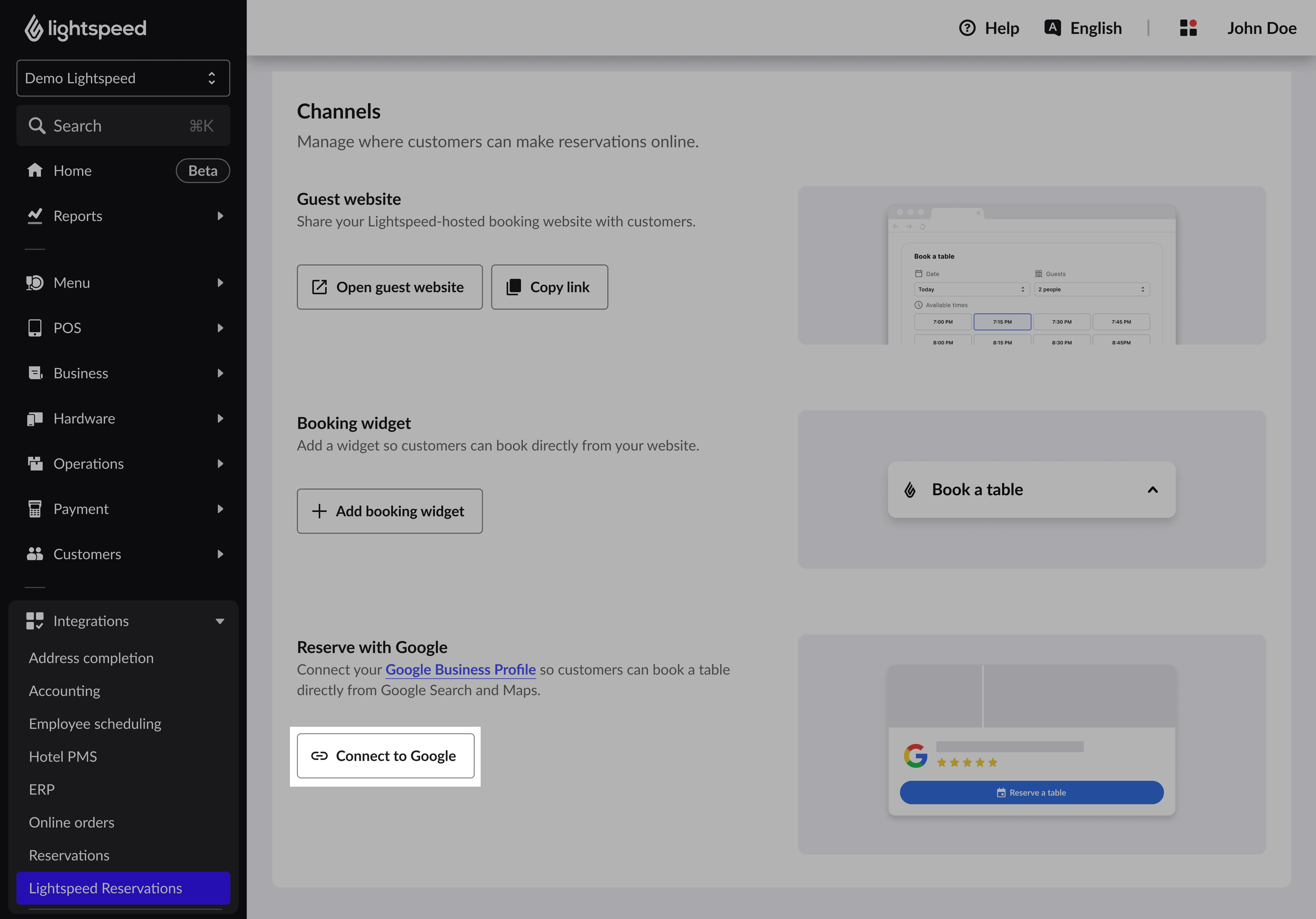 De knop Koppelen met Google uitgelicht op de instellingenpagina van Lightspeed Reservations