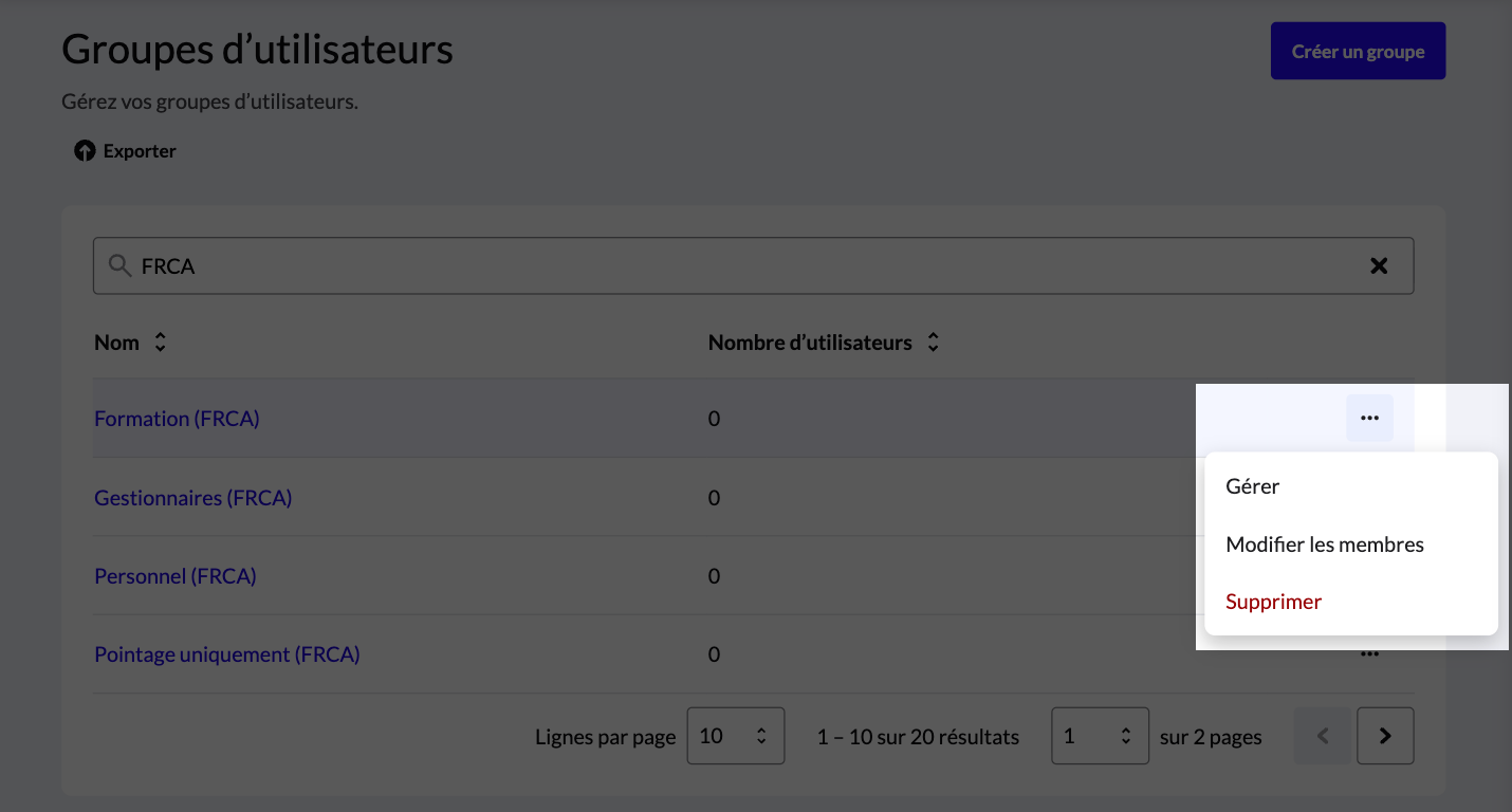 Menu à trois points des groupes d'utilisateurs mis en surbrillance