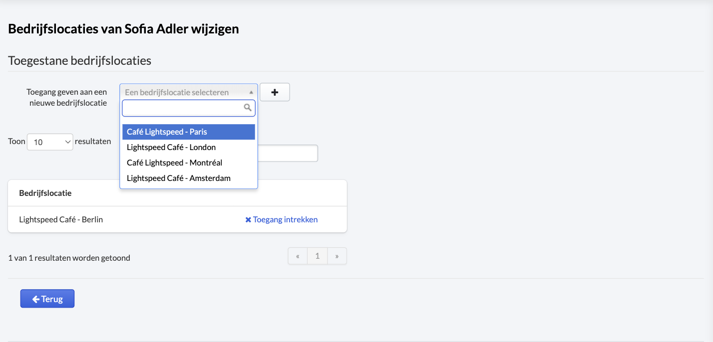 De pagina Bedrijfslocatie met het vervolgkeuzemenu