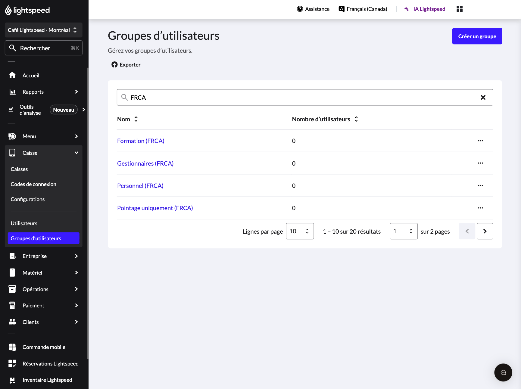 Page d'accueil des groupes d'utilisateurs caisses