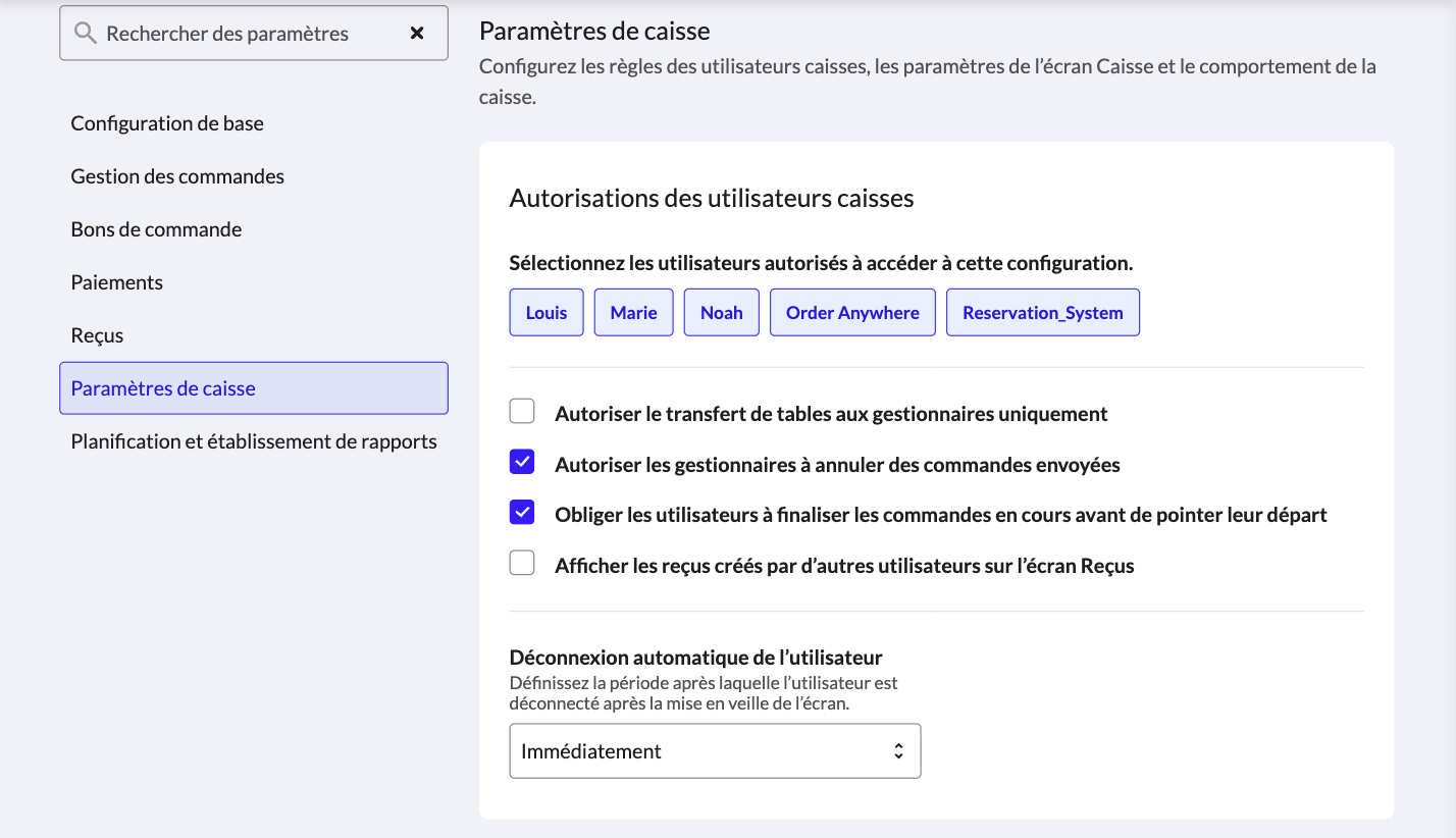 L'onglet 'Paramètres de caisse' dans la page 'Configurations'