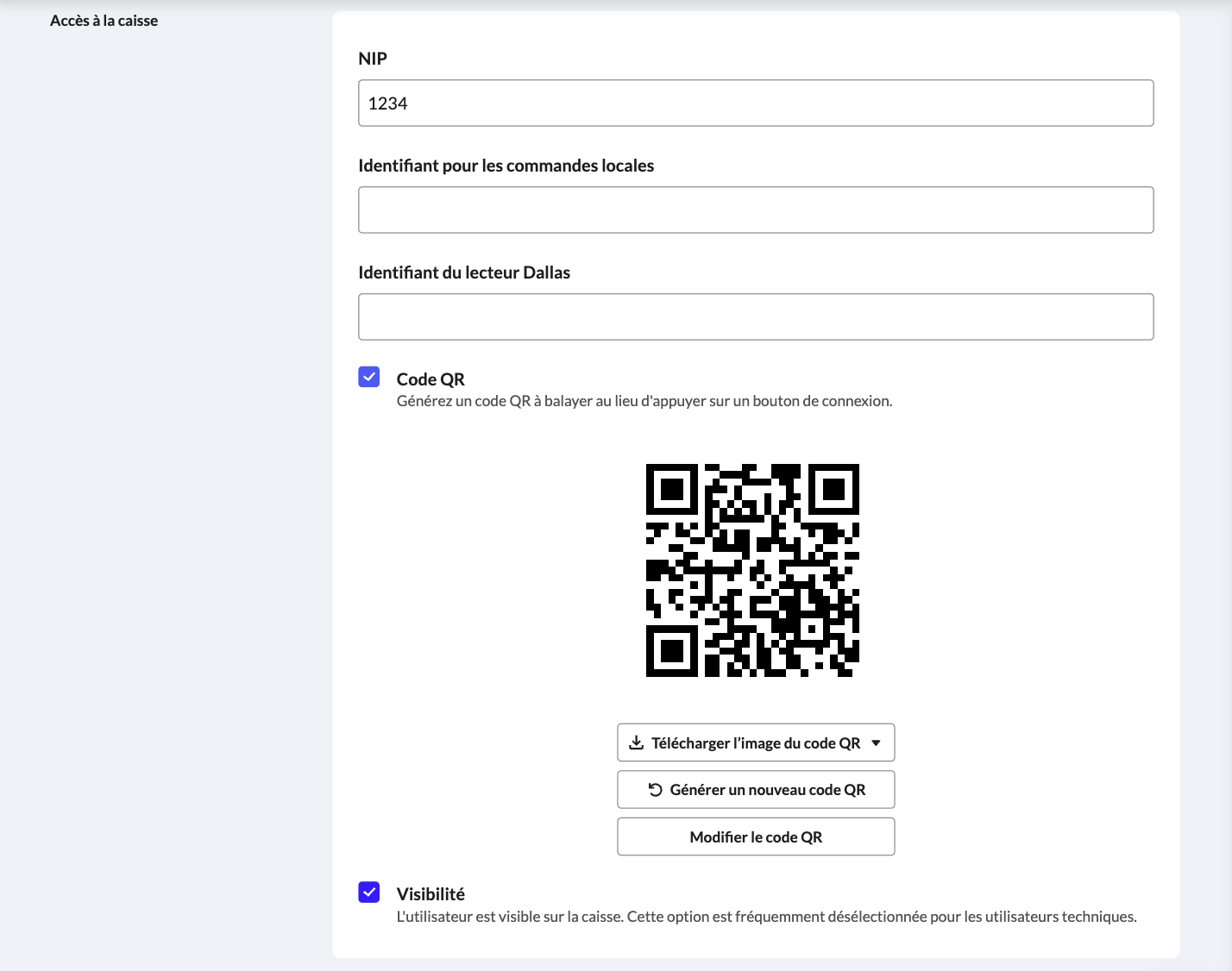 La section d'accès à l'application de caisse