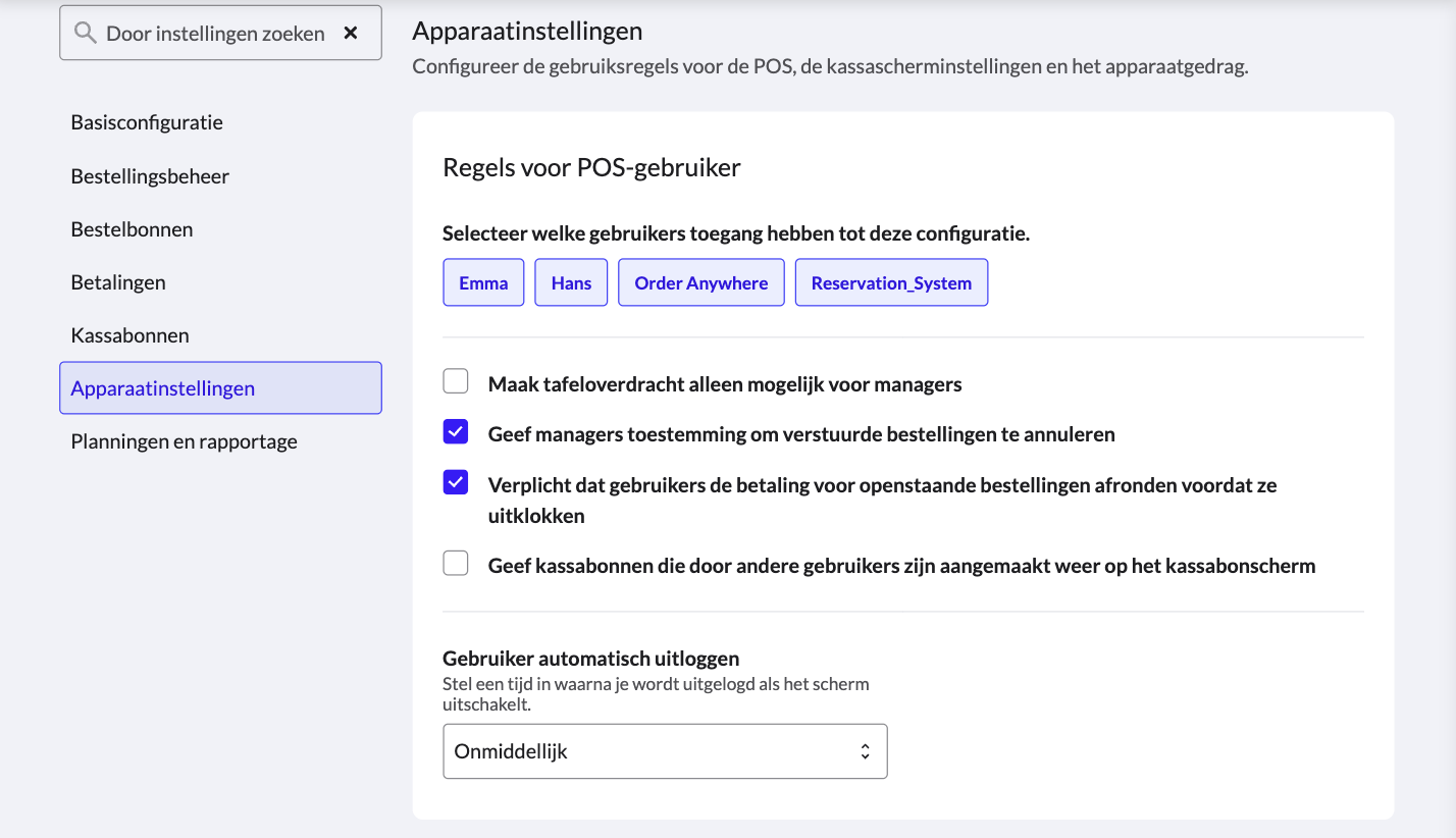 Het tabblad Apparaatinstellingen in Configuratie