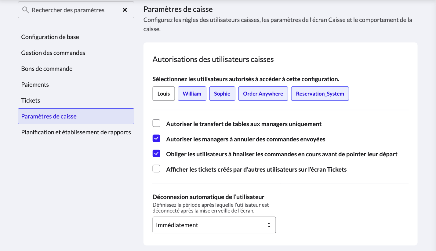 L'onglet 'Paramètres de caisse' dans la page 'Configurations'
