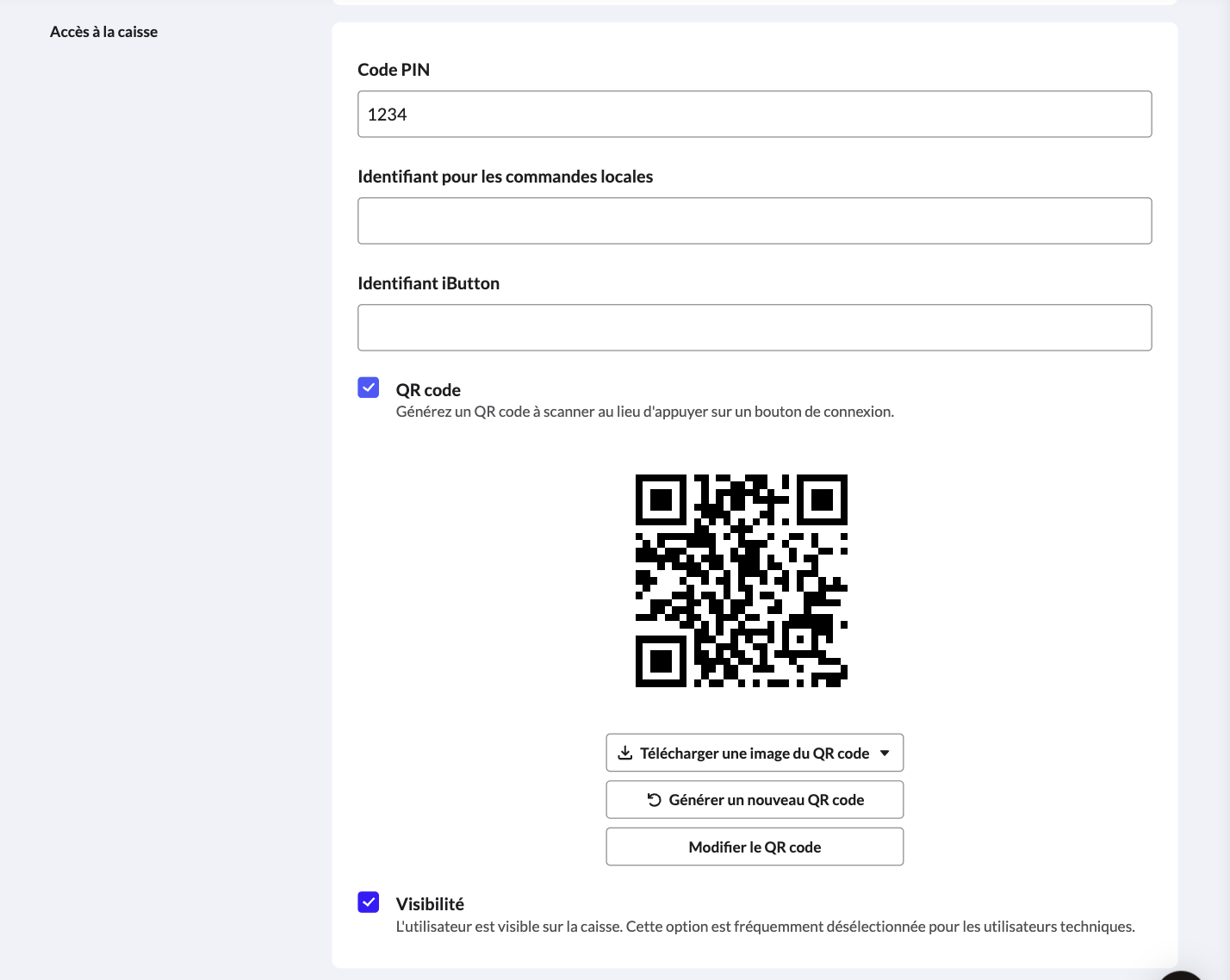 La section d'accès à l'application de caisse