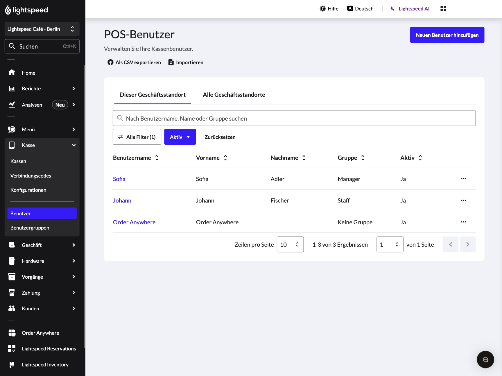 Die Startseite für Kassenbenutzer im Backoffice