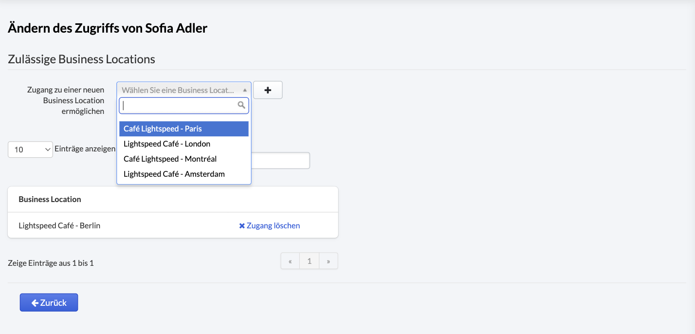 Die Seite für den Geschäftsstandort mit dem Dropdown-Menü