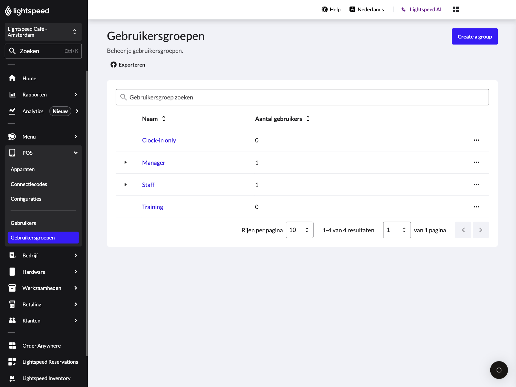 De landingspagina voor POS-gebruikersgroepen