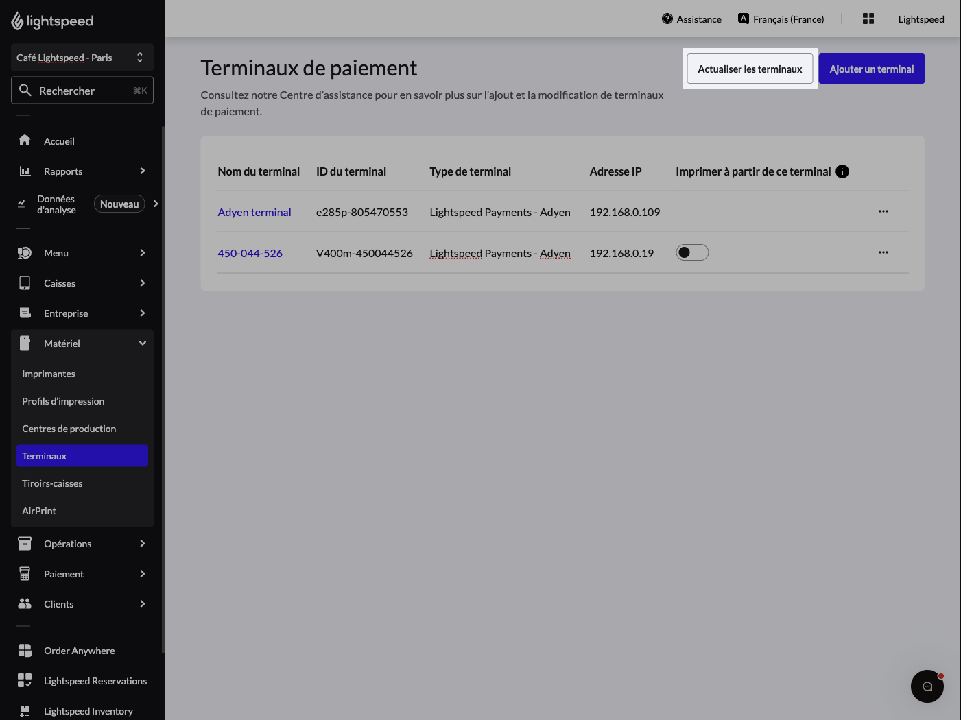 Page des terminaux de Lightspeed Restaurant, le bouton Actualiser les terminaux est mis en évidence.