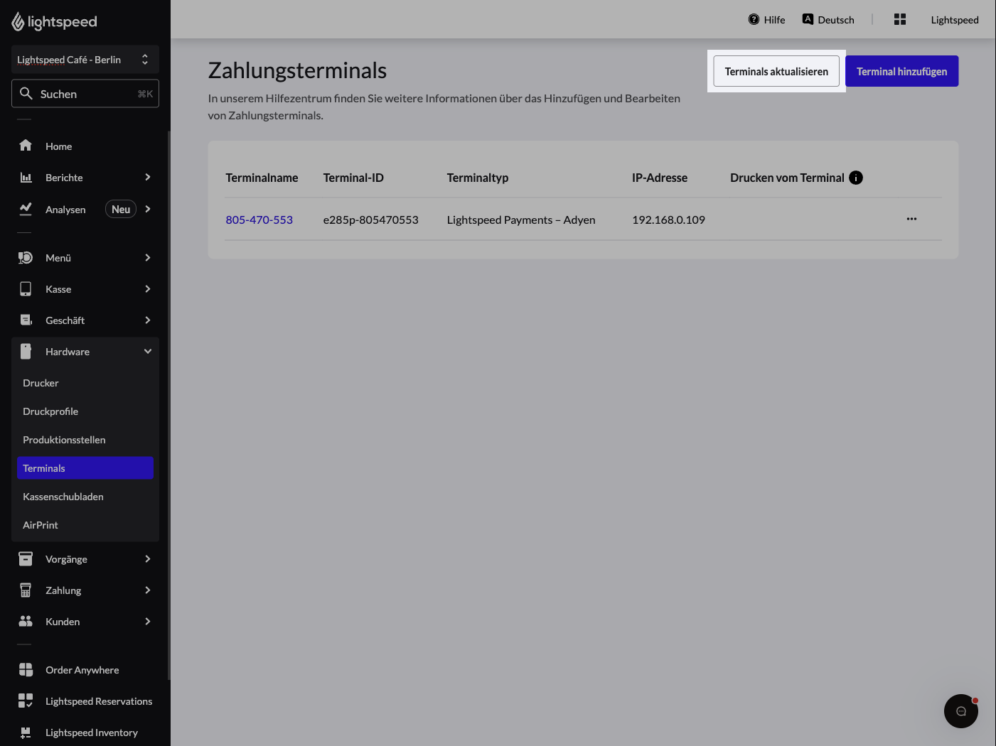 Die Terminals-Seite von Lightspeed Restaurant. Eine Schaltfläche mit der Bezeichnung „Terminals aktualisieren“ wurde hervorgehoben.