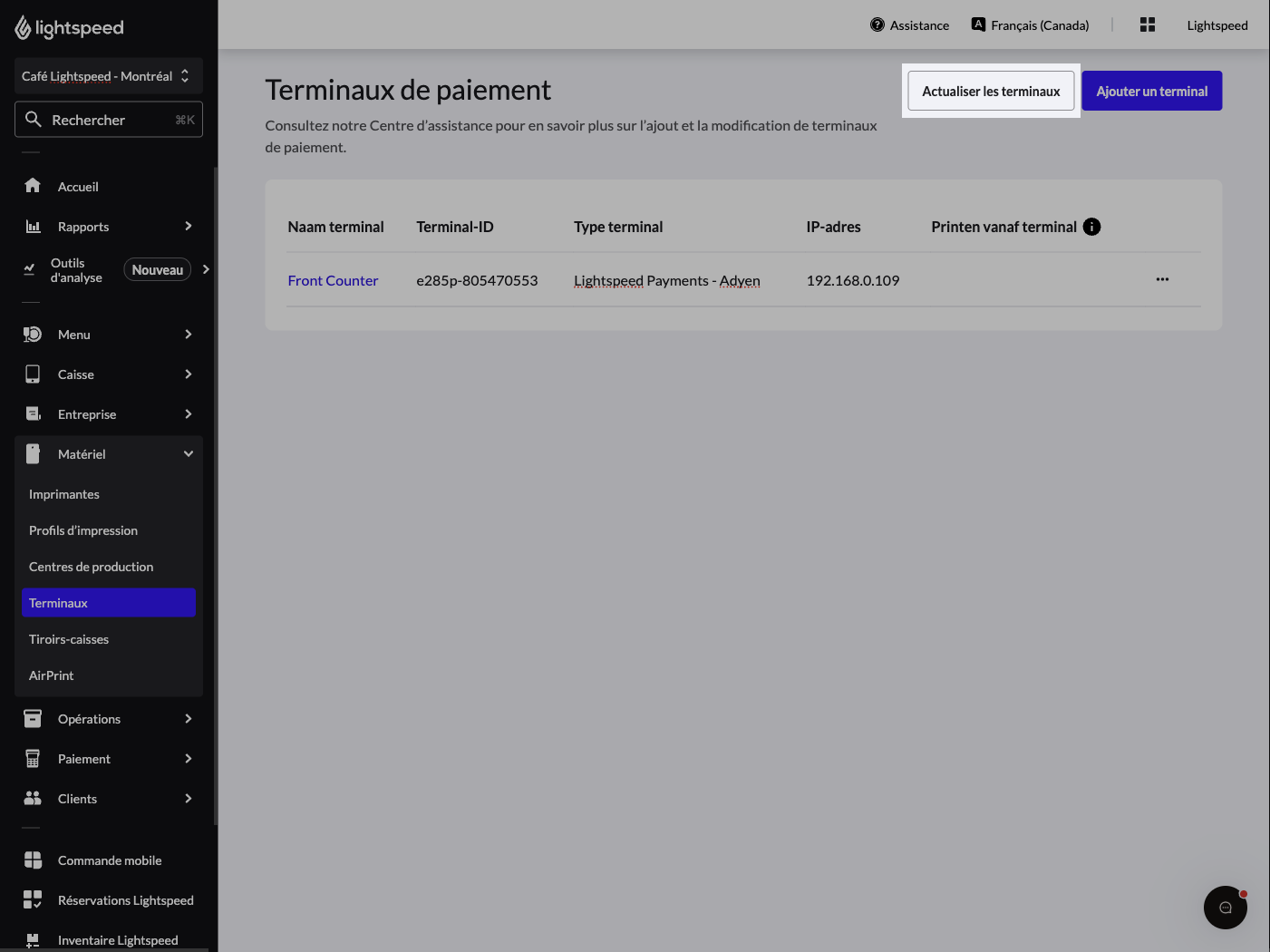Page des terminaux de Lightspeed restaurateurs, le bouton Actualiser les terminaux est mis en évidence.