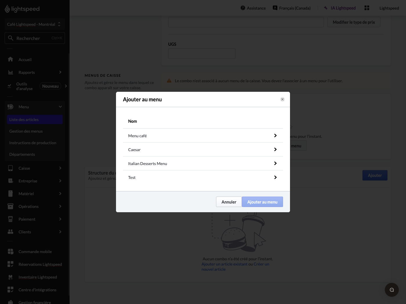Sélection d’un menu pour la formule