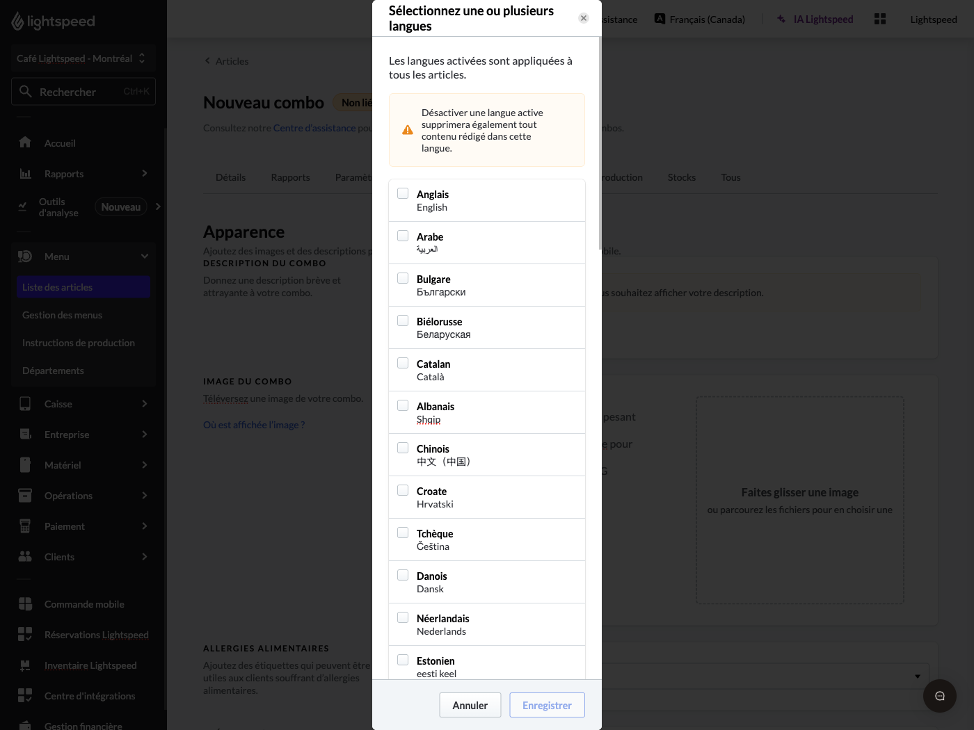 Sélection des langues du combo
