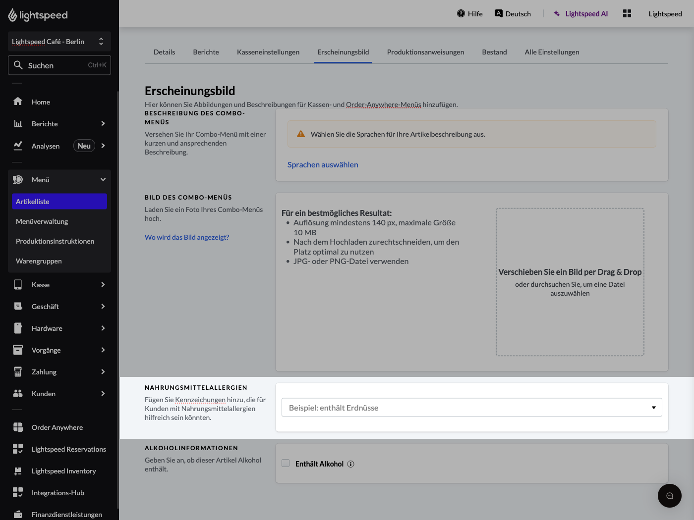 Mögliche Allergien für das Combo-Menü angeben