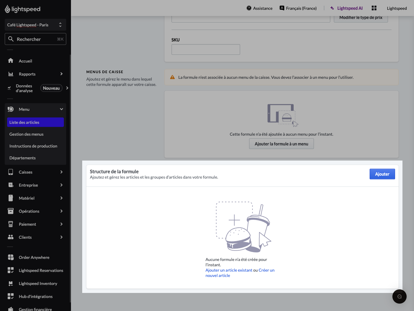 La section où ajouter des articles et des groupes à la formule