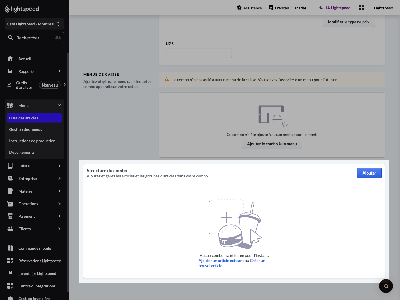 La section où ajouter des articles et des groupes au combo