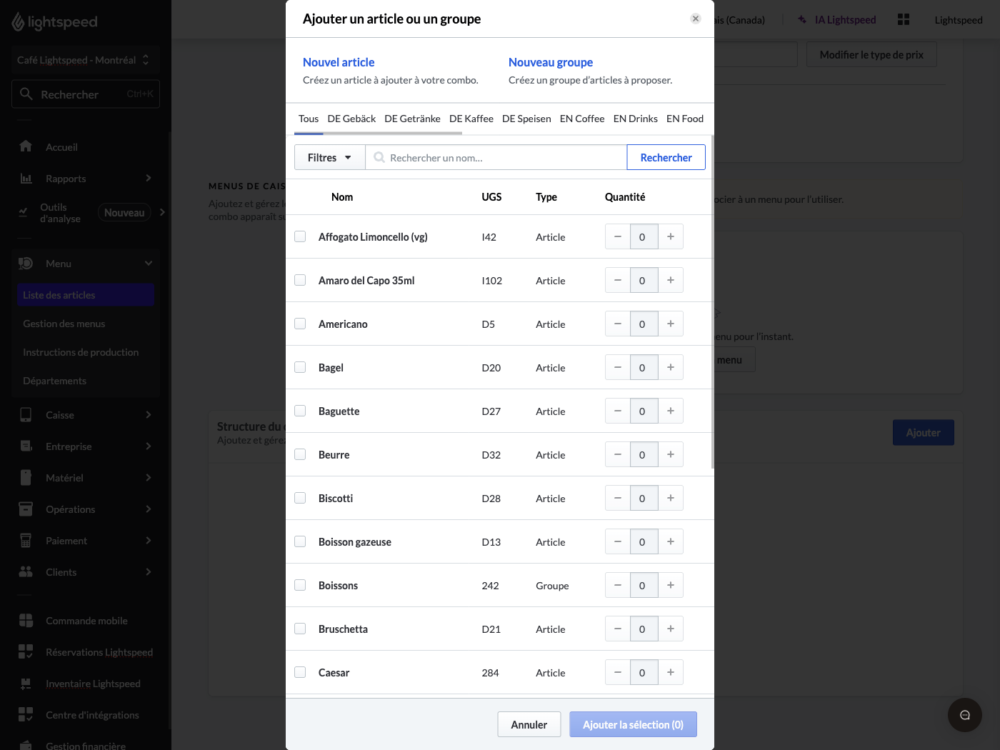 Sélection d’articles et de groupes pour le combo