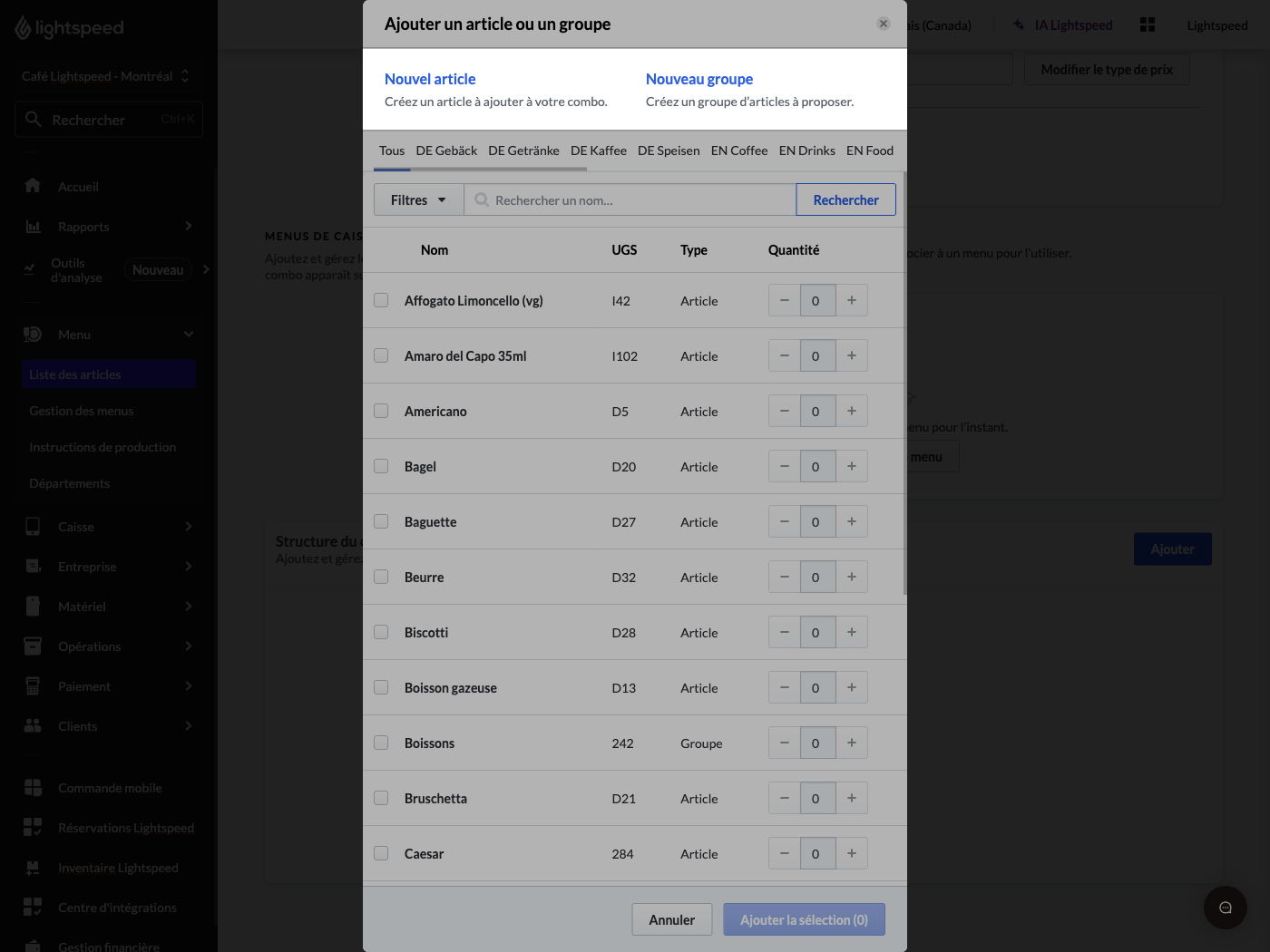 Création de nouveaux articles et groupes pour le combo