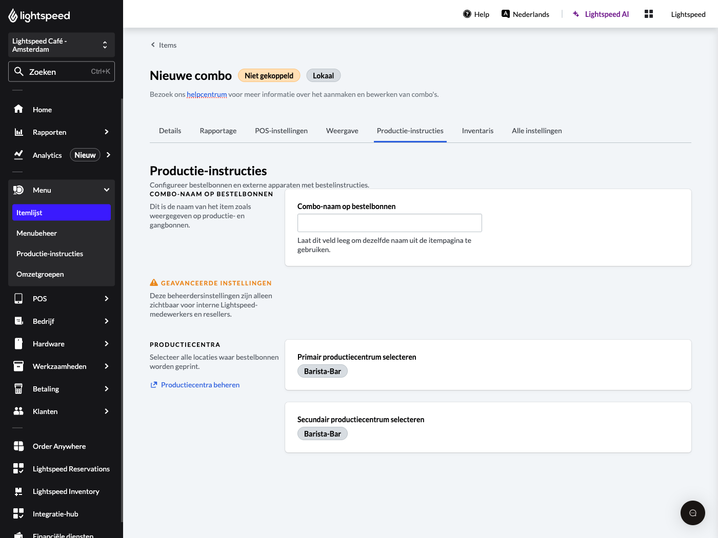 Screenshot van tabblad met productie-instructies