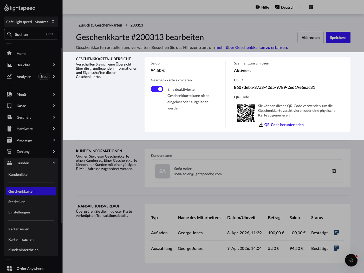 Abschnitt „Geschenkkartenübersicht“ beim Bearbeiten einer Geschenkkarte, der den Saldo, den Aktivierungsschalter und die Kartendetails einschließlich UUID und QR-Code anzeigt.
