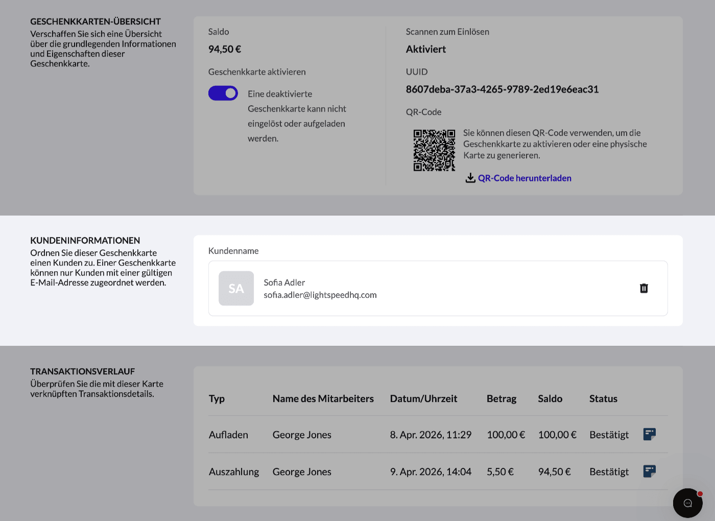 Der Bereich mit den Kundendaten beim Bearbeiten einer Geschenkkarte, in dem der Name und die E-Mail-Adresse des Kunden angezeigt werden.
