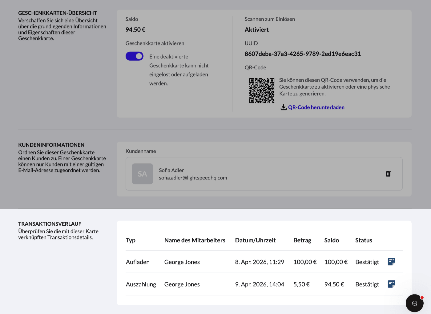 Der Abschnitt Transaktionsverlauf beim Bearbeiten einer Geschenkkarte, der die Aufladungen und Abhebungen im Laufe der Zeit anzeigt. 