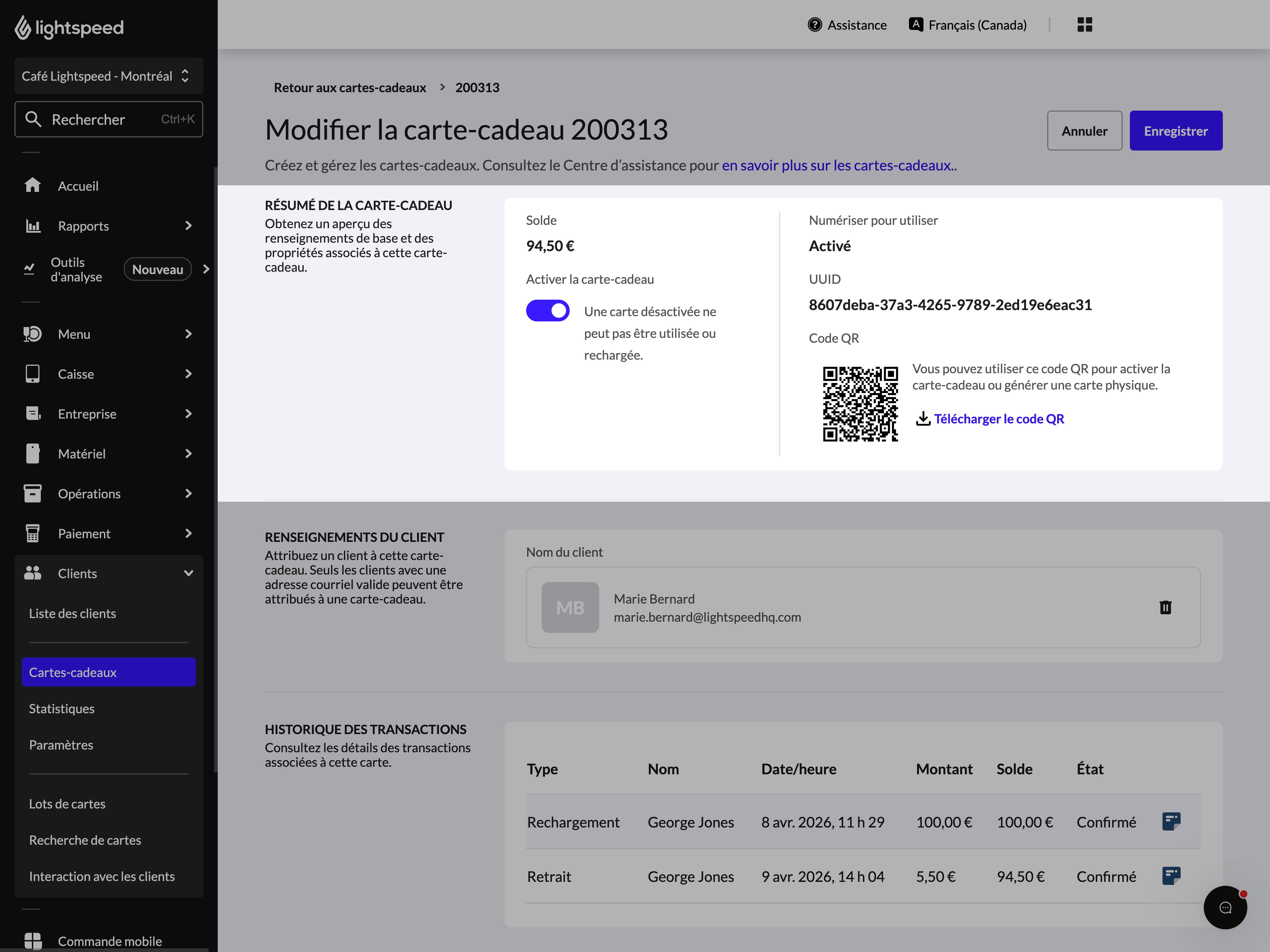Section du résumé de la carte-cadeau lors de la modification d'une carte-cadeau, affichant le solde, le bouton d'activation et les détails de la carte, y compris l'UUID et le code QR.