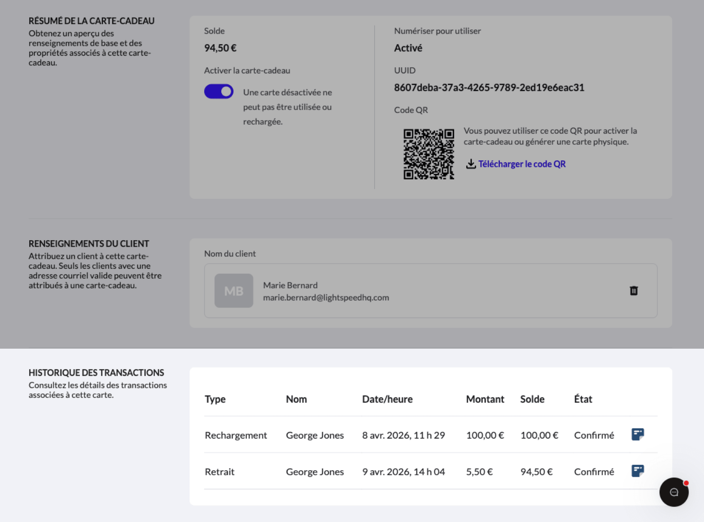 La section de l'historique des transactions lors de la modification d'une carte-cadeau, affichant les rechargements et les retraits au fil du temps. 