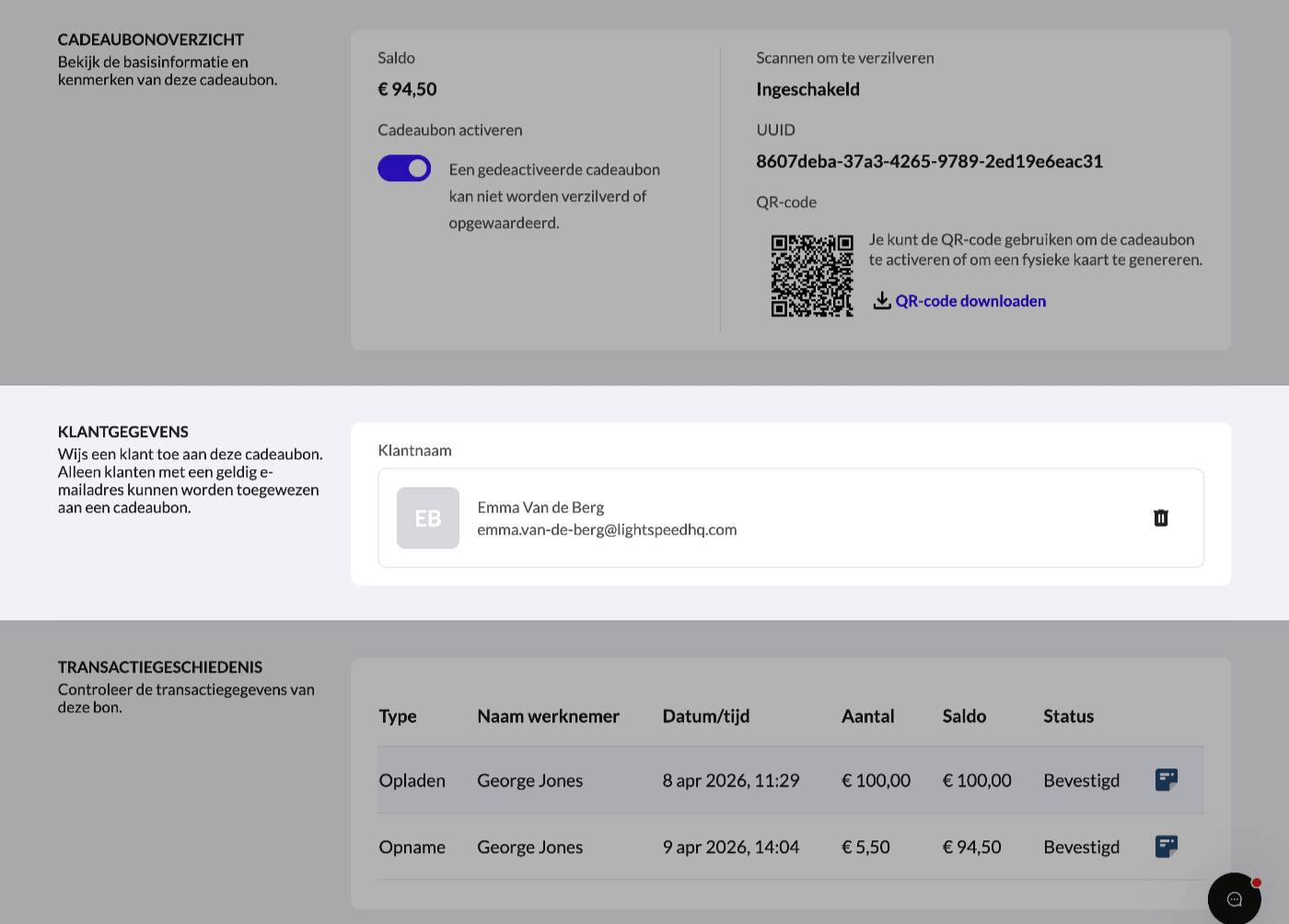 Het gedeelte met klantgegevens bij het bewerken van een cadeaubon, met de naam en het e-mailadres van de klant.