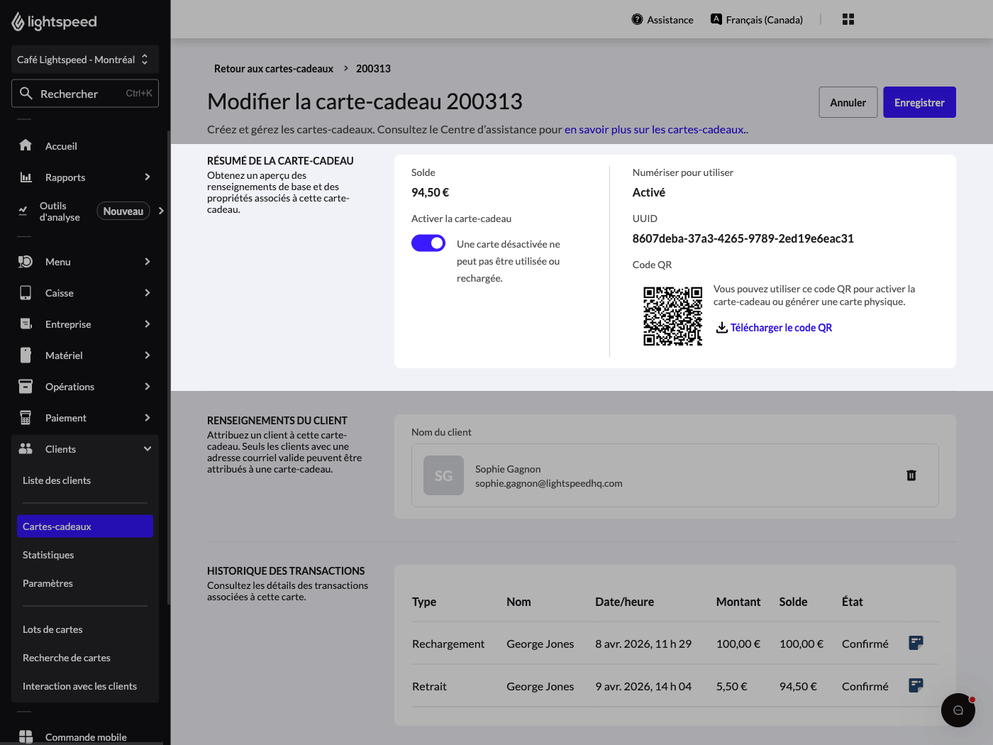Section récapitulative de la carte-cadeau lors de la modification d'une carte-cadeau, affichant le solde, le bouton d'activation et les détails de la carte, y compris l'UUID et le code QR.