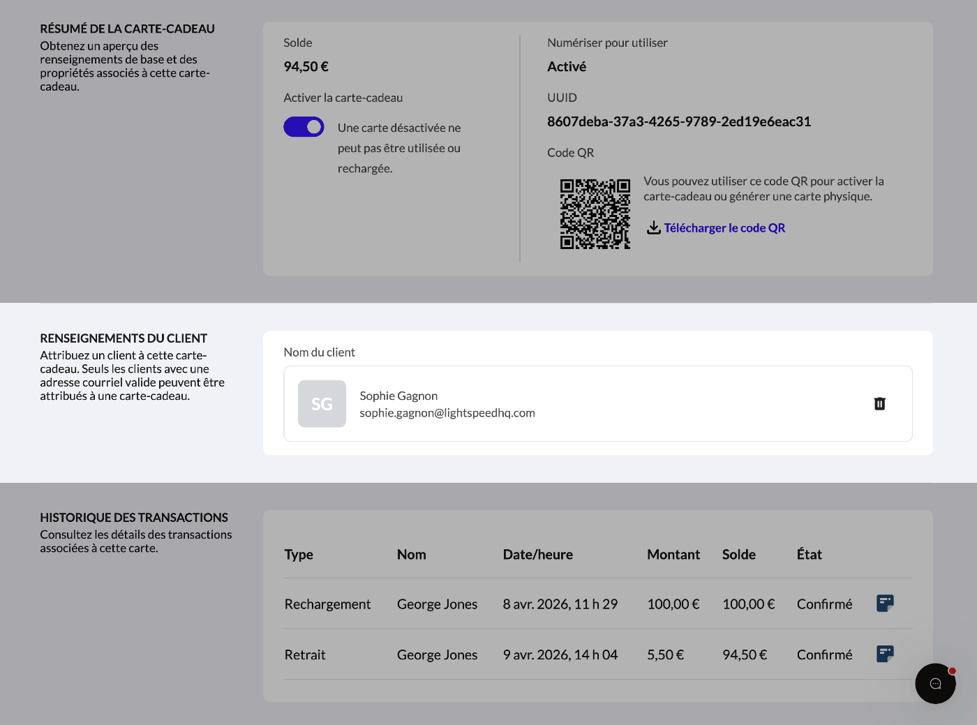 La section des renseignements du client lors de la modification d'une carte-cadeau, affichant le nom et l'e-mail du client.