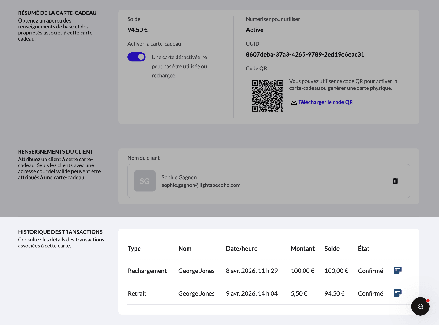 La section de l'historique des transactions lors de la modification d'une carte-cadeau, affichant les recharges et les retraits au fil du temps. 