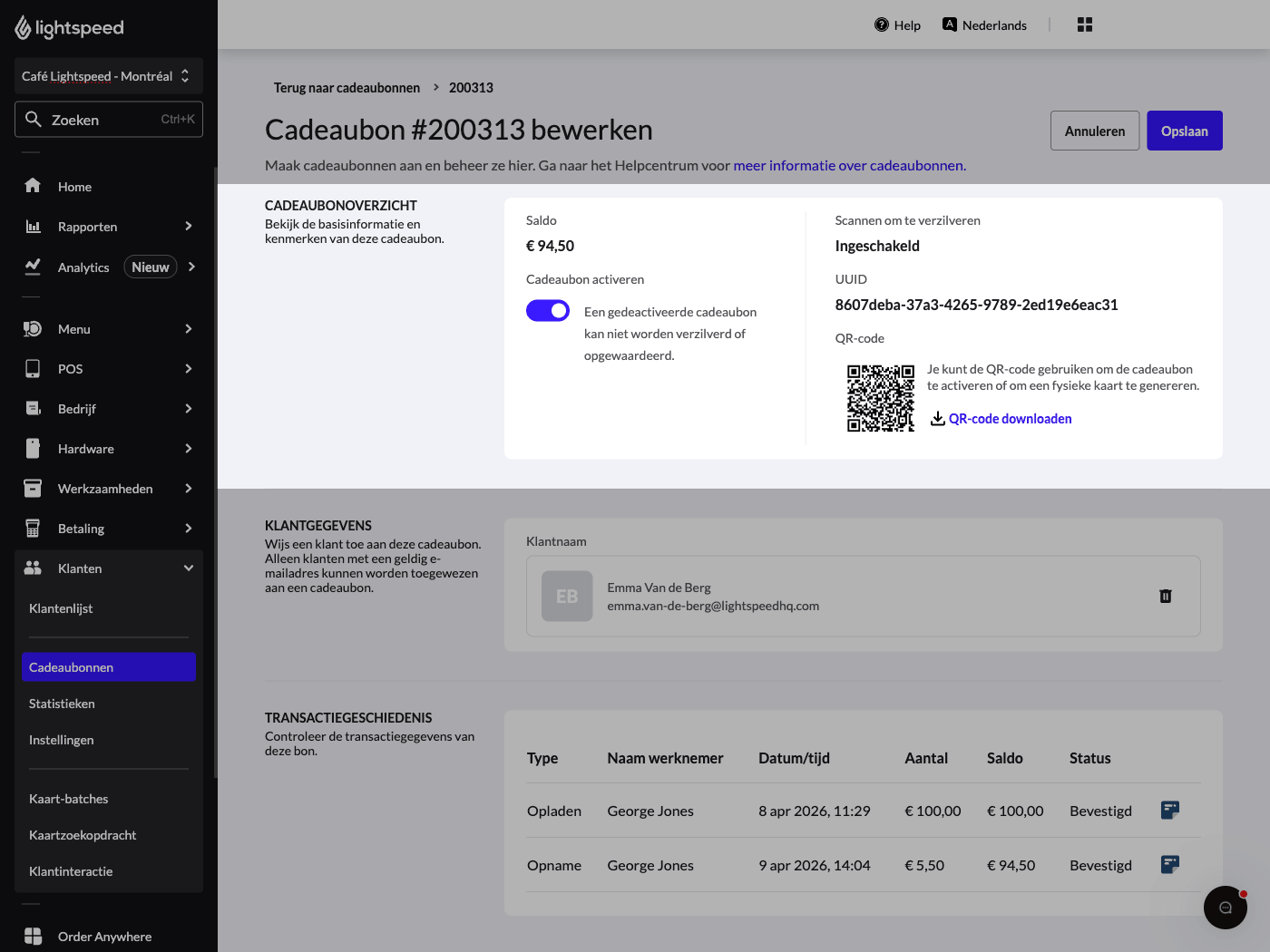 Overzicht van het gedeelte voor cadeaubonnen bij het bewerken van een cadeaubon, met het saldo, de activeringsschakelaar en de gegevens van de bon, waaronder de UUID en QR-code.