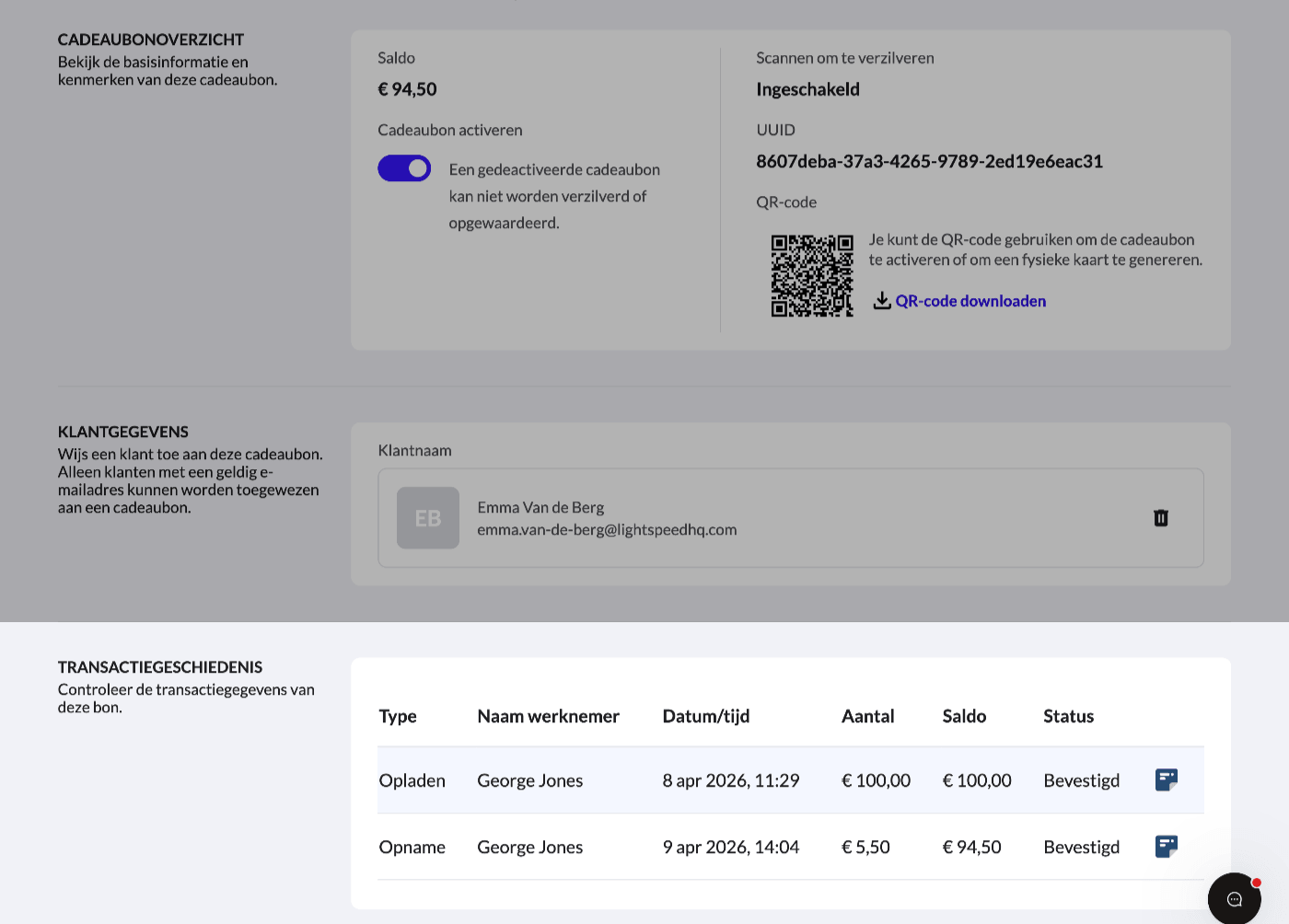 Het gedeelte transactiegeschiedenis bij het bewerken van een cadeaubon, met de opwaarderingen en opnames in de loop van de tijd. 