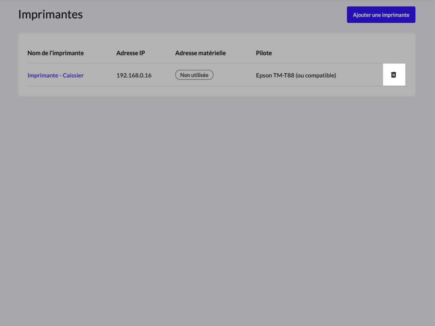 Page Imprimantes du back-office Lightspeed, les boutons permettant de supprimer les imprimantes sont mis en évidence.