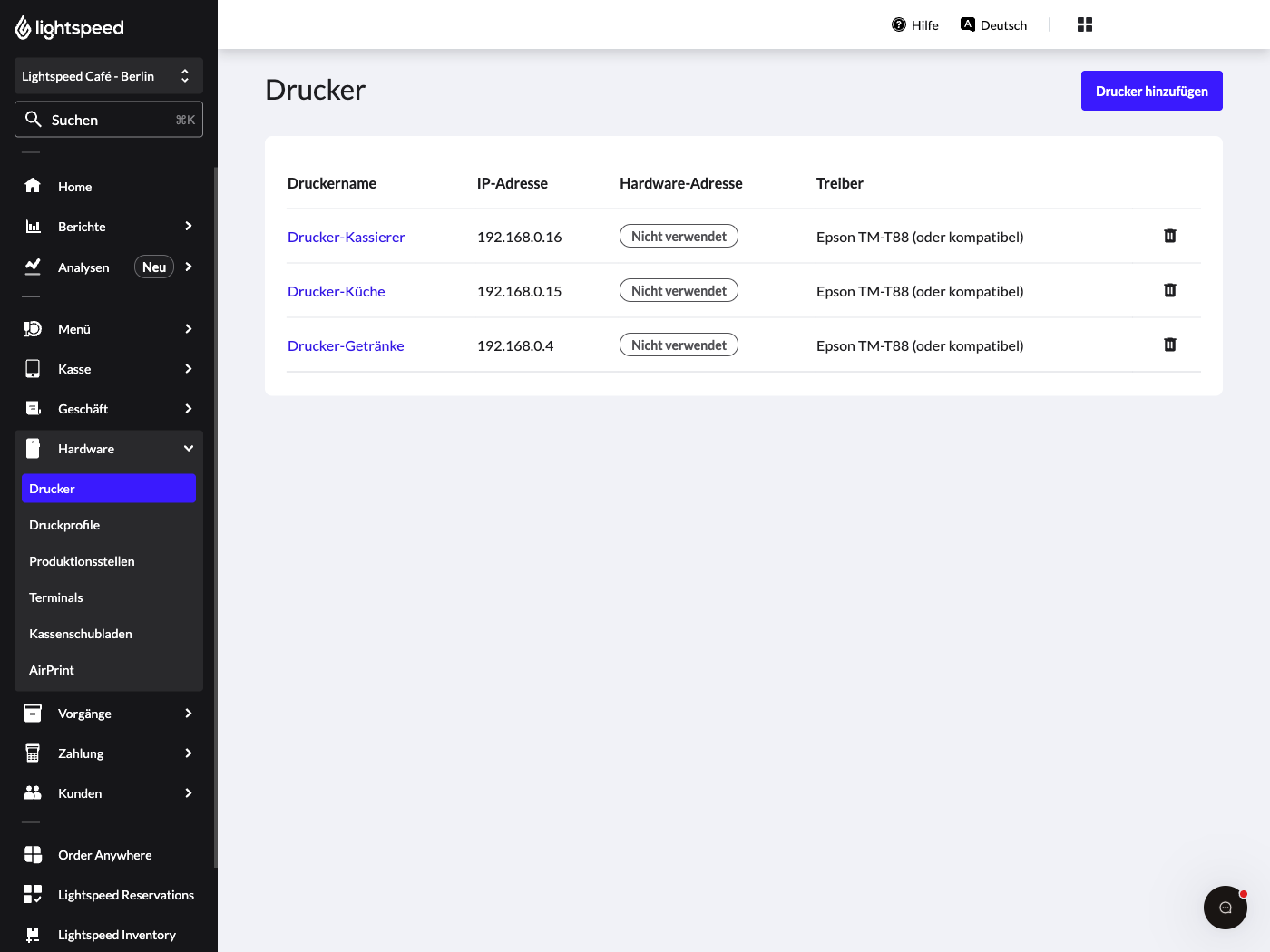 Die Druckerkonfigurationsseite im Lightspeed Backoffice.