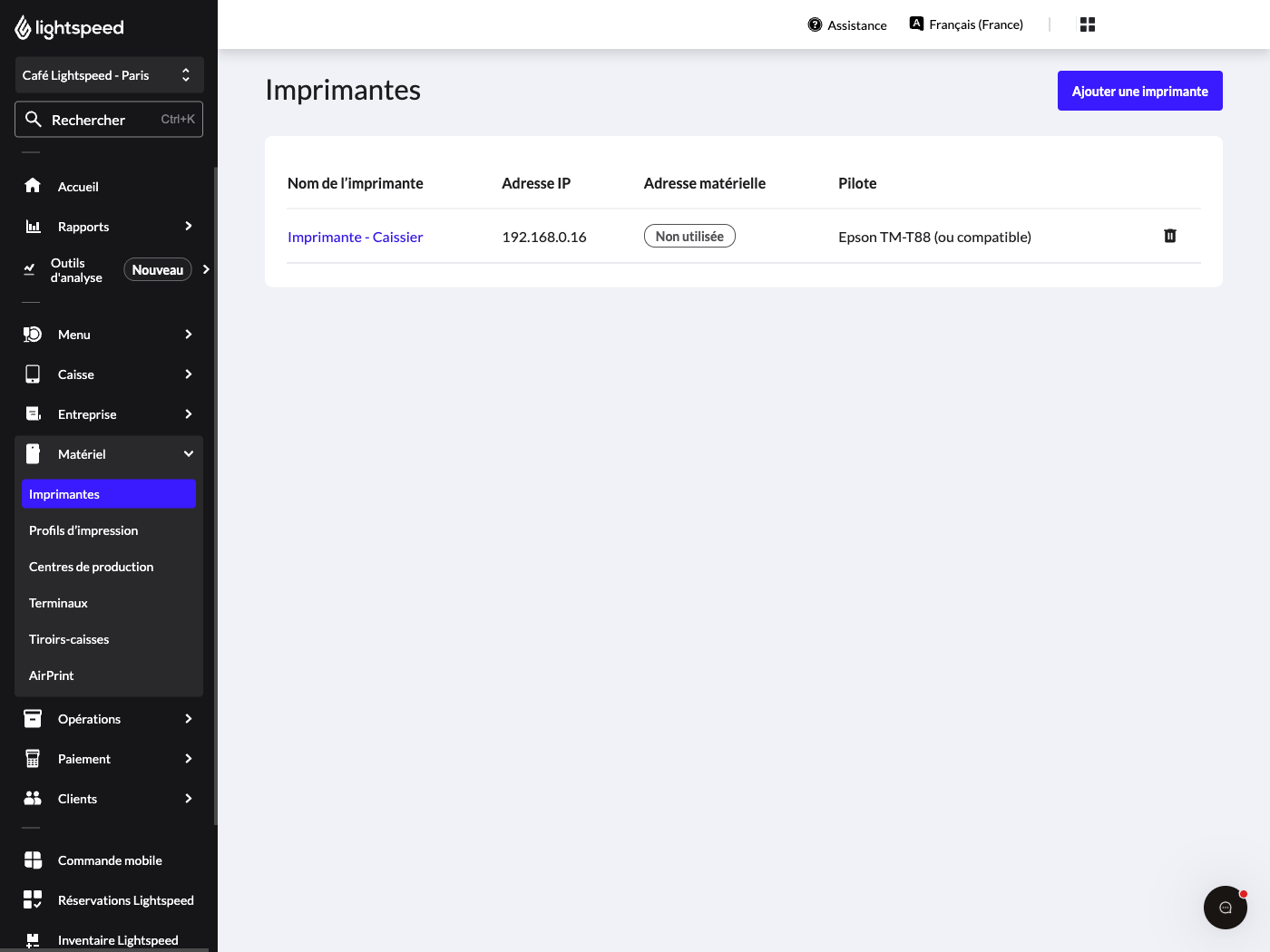 Page de configuration de l’imprimante sur le back-office Lightspeed.