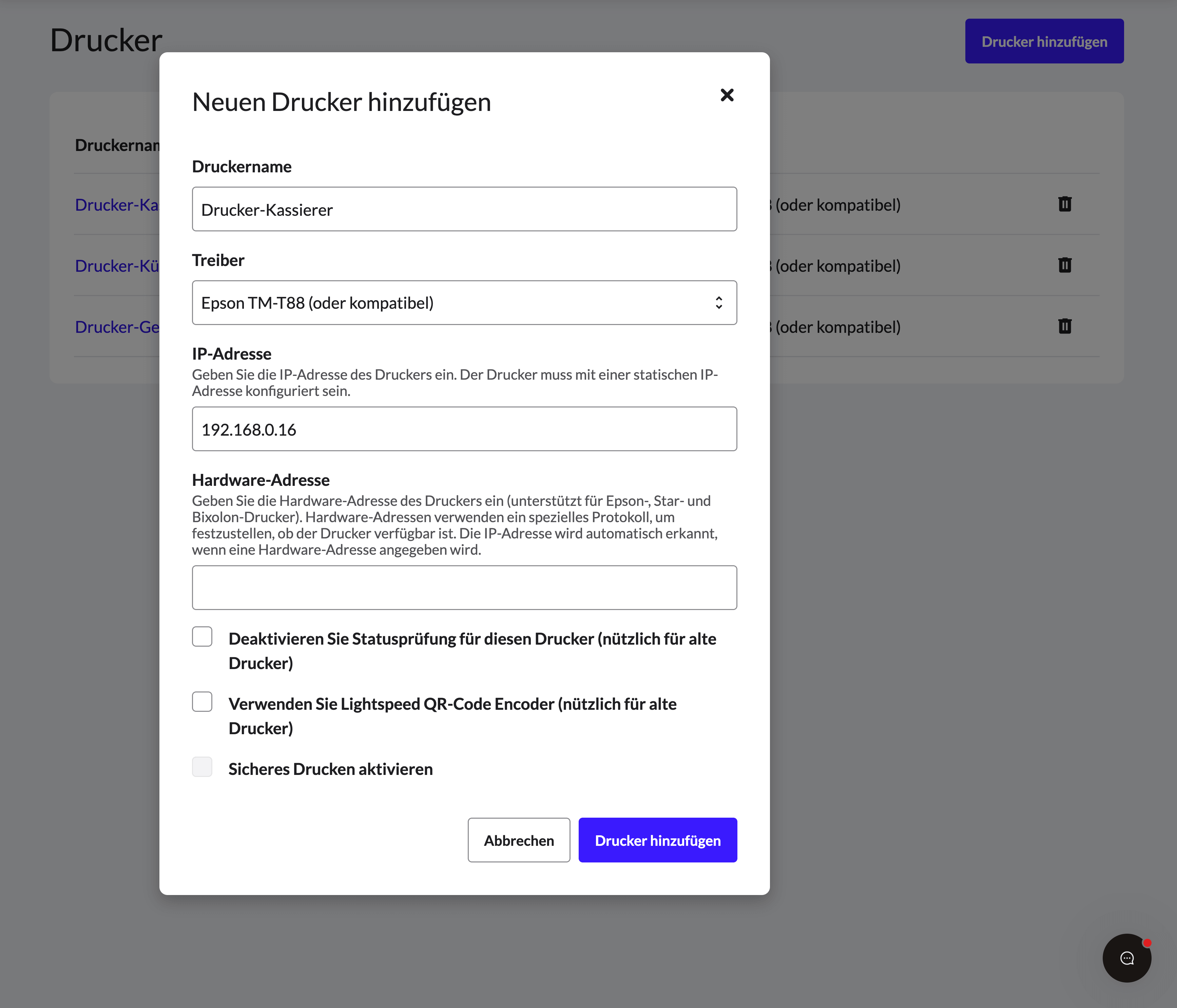Die Druckerkonfigurationsseite im Lightspeed Backoffice. Ein Popup-Fenster mit Bearbeitungsoptionen wird angezeigt.