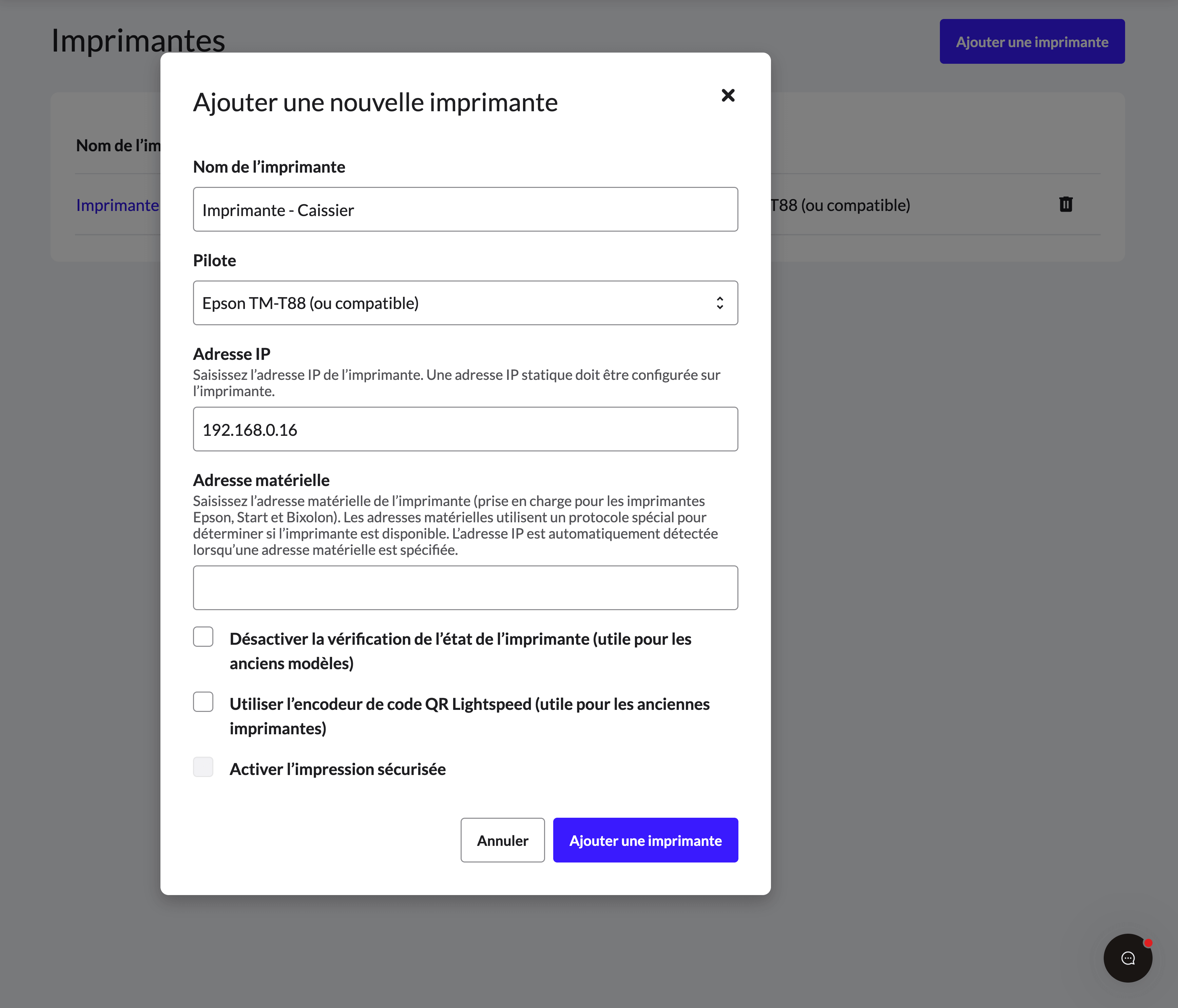 Page de configuration des imprimantes dans l’arrière-boutique Lightspeed. Une fenêtre contextuelle avec plusieurs options de configuration est visible.