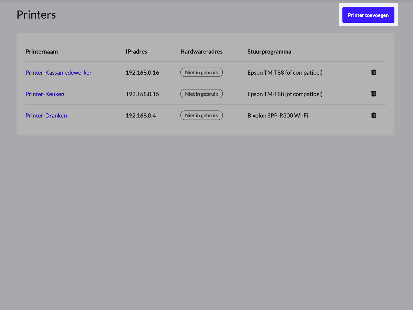 Close-upweergave van de pagina Printers in de Lightspeed-backoffice. Een knop 'Printer toevoegen' is gemarkeerd.